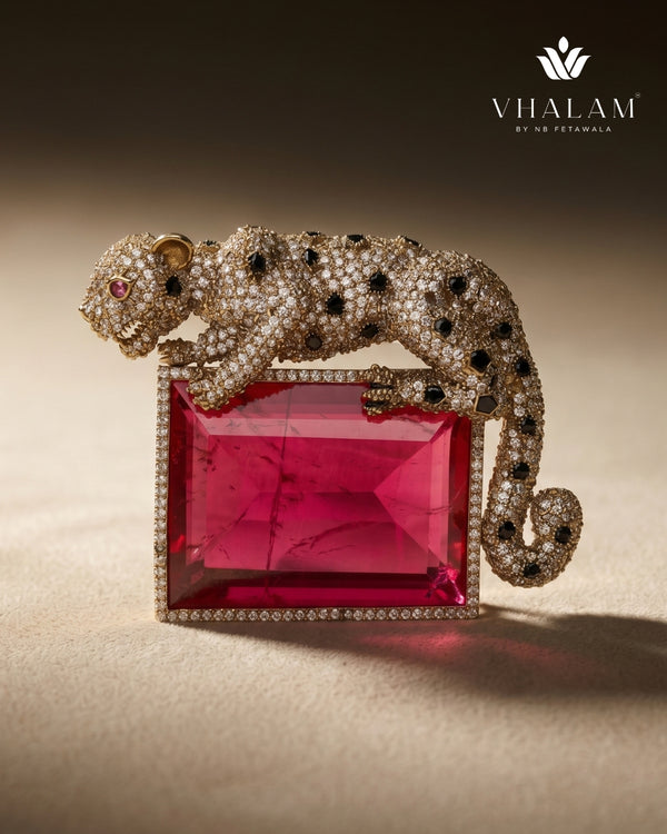 Royal Panther Pink Stone Ceremonial Golden Brooch