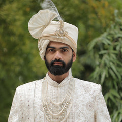 Ivory Wedding Turban (Safa) with Kundan and Pearl Kalangi