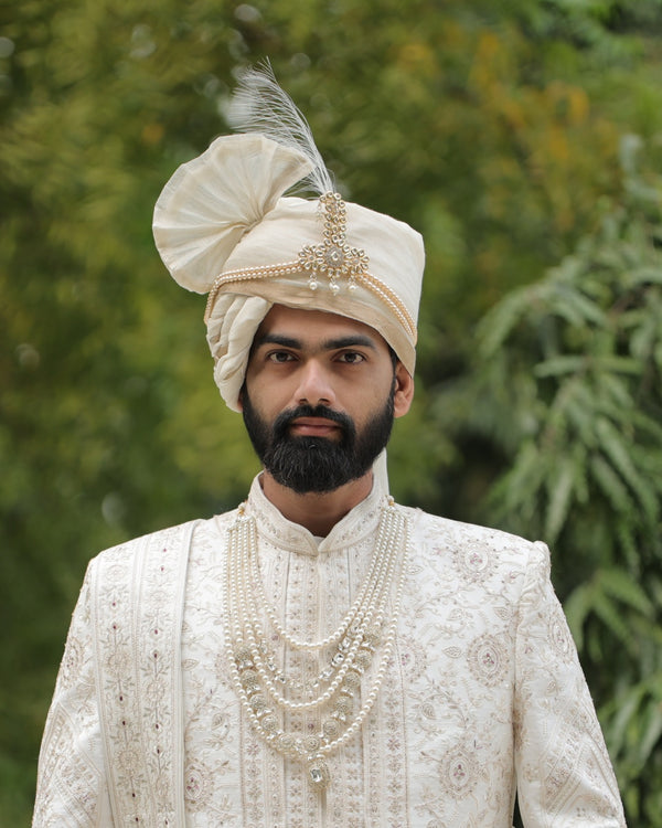Ivory Wedding Turban (Safa) with Kundan and Pearl Kalangi