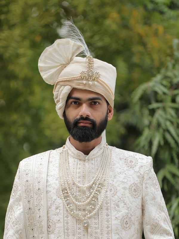 Ivory Wedding Turban (Safa) with Kundan and Pearl Kalangi
