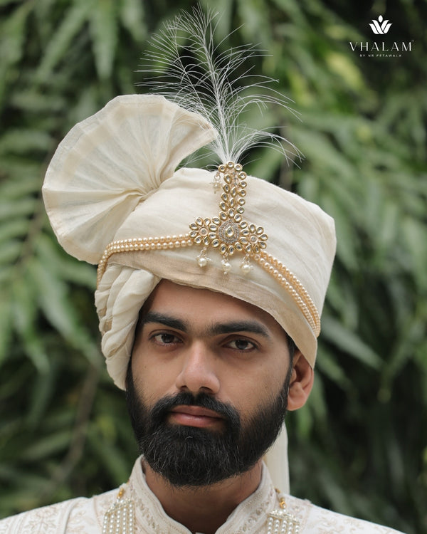 Ivory Beige Groom Turban with Pearl Brooch & Feather