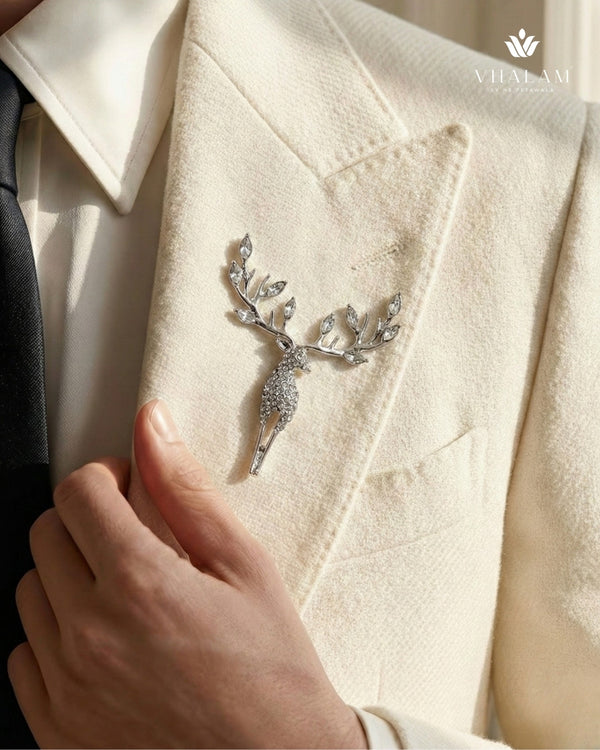 Royal Deer Crystal-Encrusted Silver Suit Brooch