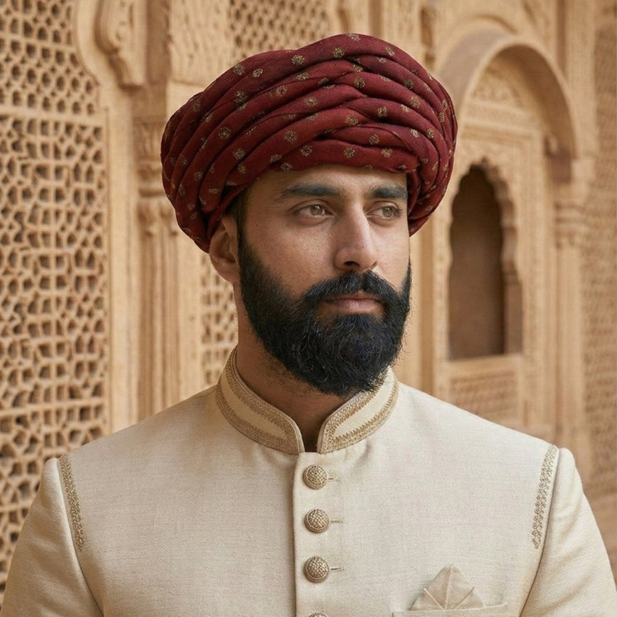Man wearing a traditional beige sherwani with a red turban in front of an architectural background