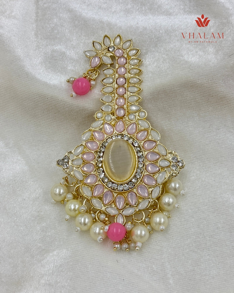 Emerald Pink and White Kundan Pearl Brooch