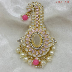 Emerald Pink and White Kundan Pearl Brooch