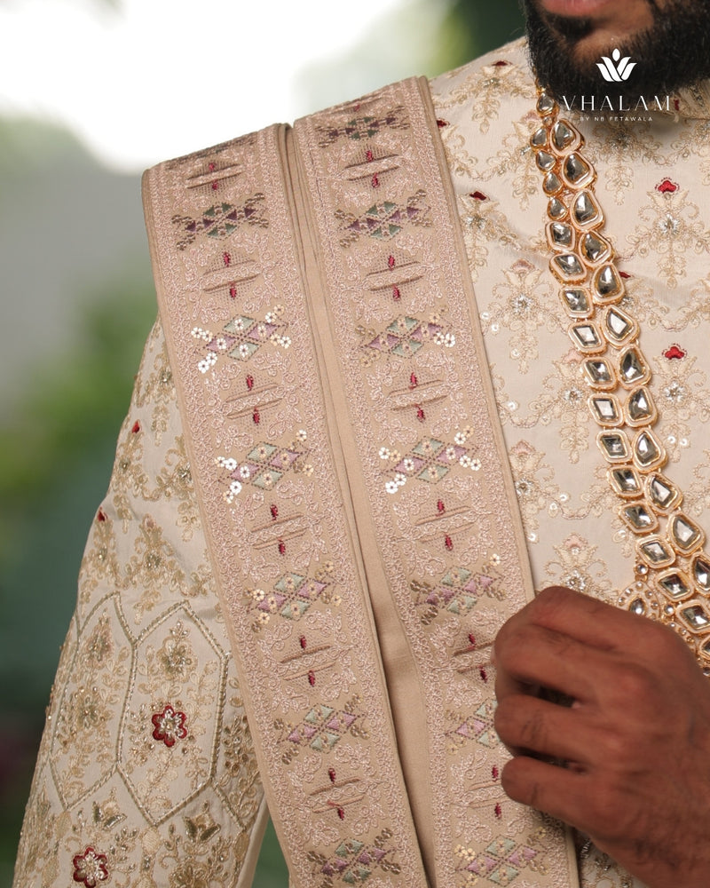 Light Pink Beige Embroidered Groom Dupatta with Subtle Pastel Detailing