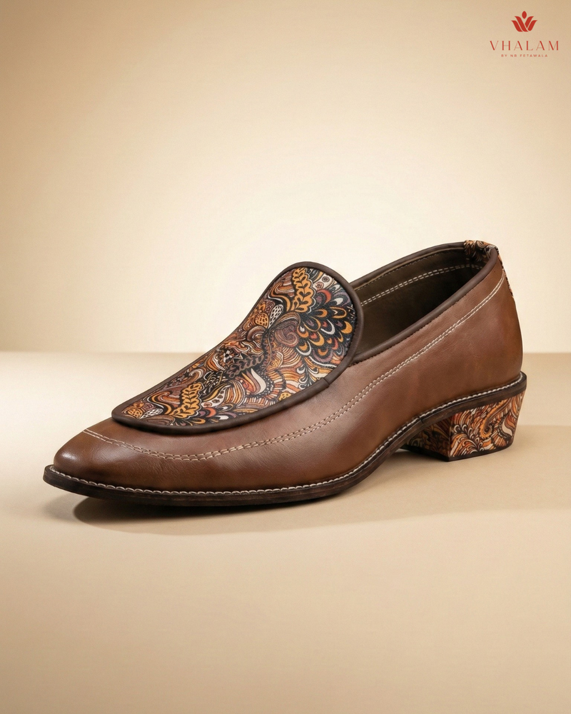 Handcrafted Maharaja Printed Brown Wedding Loafers