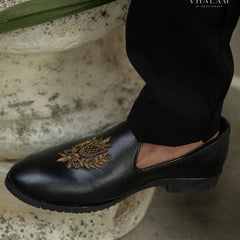 Black Raxine Groom Lofer with Handcrafted Golden Crest Embroidery