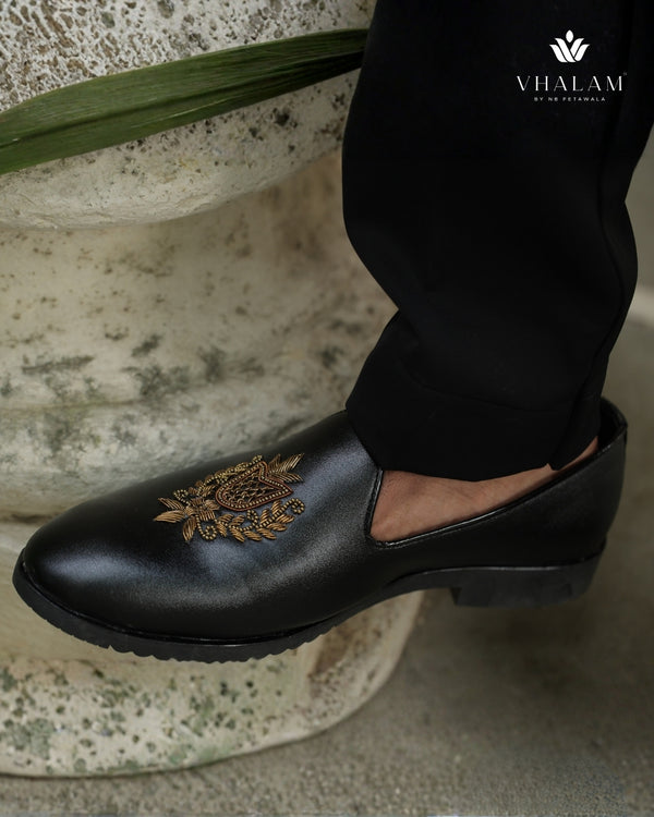 Black Raxine Groom Lofer with Handcrafted Golden Crest Embroidery