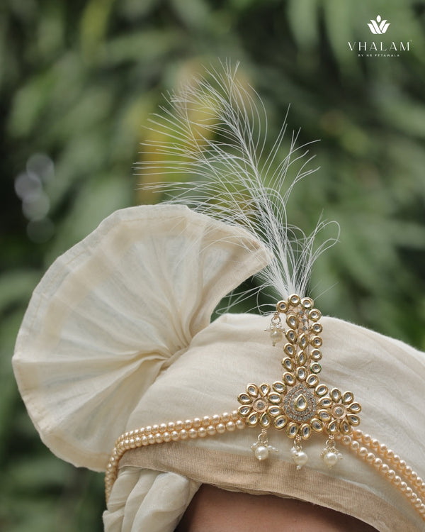 Ivory Beige Groom Turban with Pearl Brooch & Feather