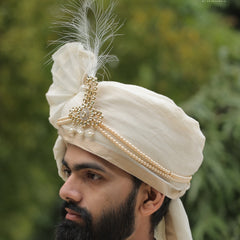 Ivory Beige Groom Turban with Pearl Brooch & Feather