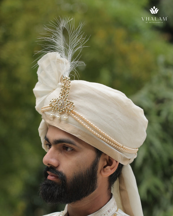 Ivory Beige Groom Turban with Pearl Brooch & Feather