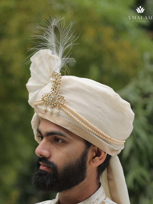 Ivory Beige Groom Turban with Pearl Brooch & Feather