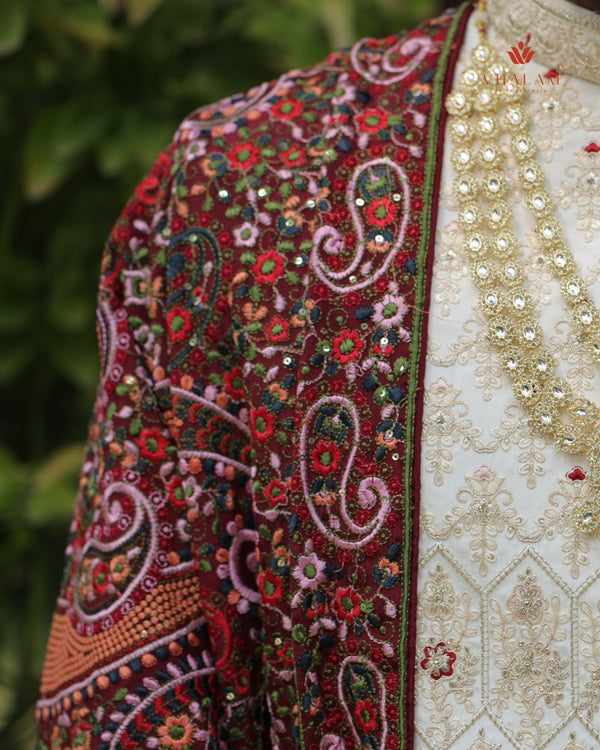 Multicolor Kashmiri Embroidered Groom Shawl on Maroon Base