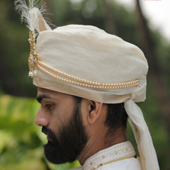 Ivory Beige Groom Turban with Pearl Brooch & Feather