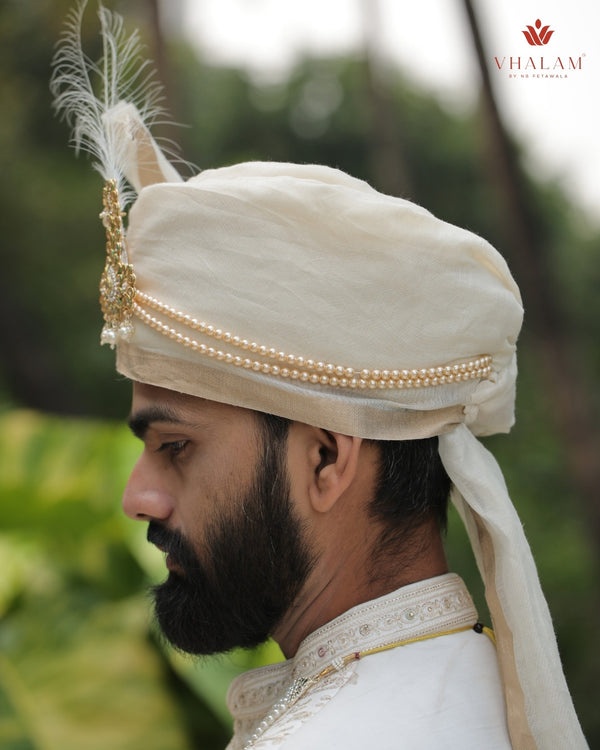 Ivory Beige Groom Turban with Pearl Brooch & Feather