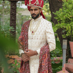 Multicolor Kashmiri Embroidered Groom Shawl on Maroon Base