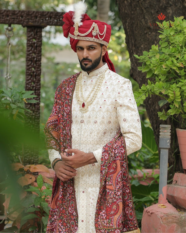 Multicolor Kashmiri Embroidered Groom Shawl on Maroon Base