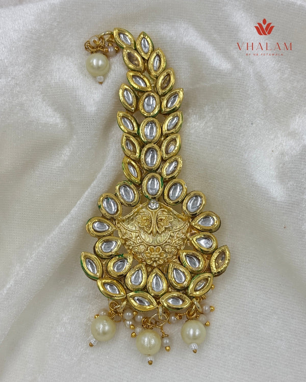 Antique Gold Floral Kundan and Pearl Turban Brooch
