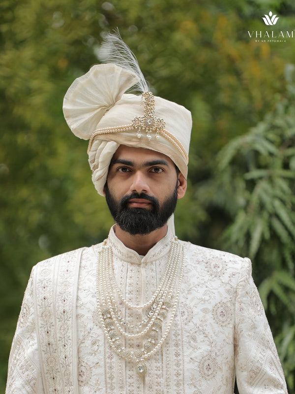 Ivory Beige Groom Turban with Pearl Brooch & Feather