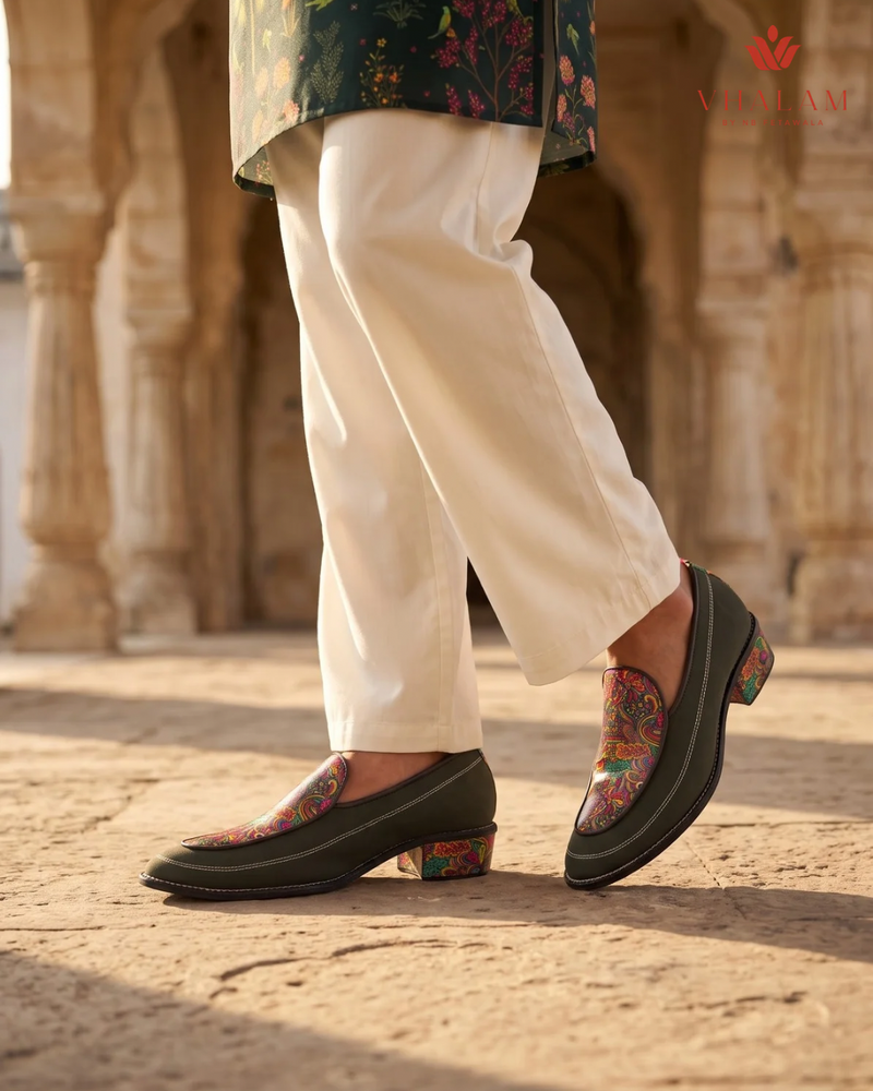 Handcrafted Maharaja Printed Green Wedding Loafers
