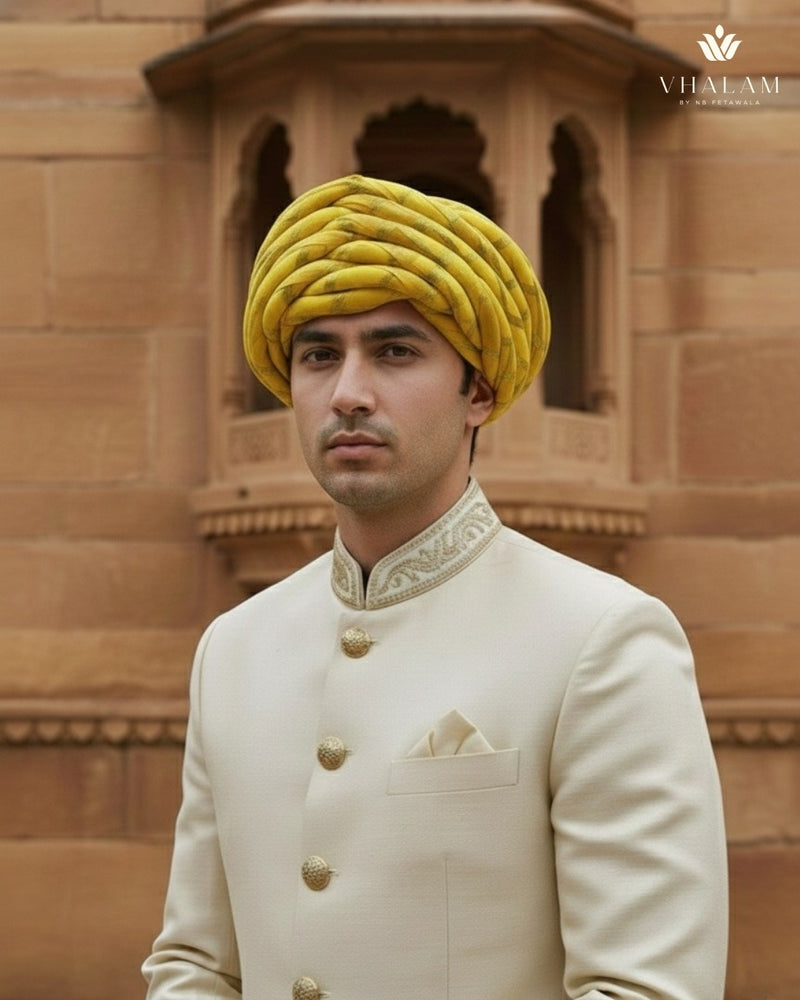 Radiant Yellow & Gold Striped Rajasthani Pagdi (Haldi Special)
