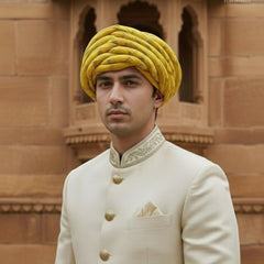 Radiant Yellow & Gold Striped Rajasthani Pagdi (Haldi Special)