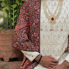 Multicolor Kashmiri Embroidered Groom Shawl on Maroon Base