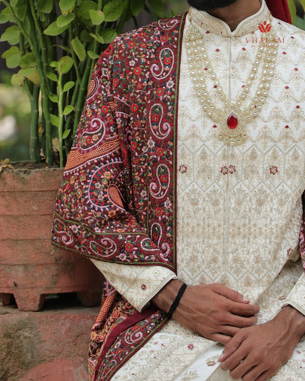 Multicolor Kashmiri Embroidered Groom Shawl on Maroon Base
