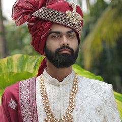 Maroon Embroidered Groom Turban with Kundan Brooch