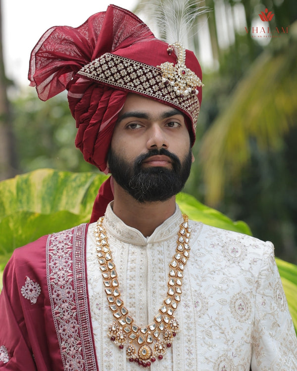 Maroon Embroidered Groom Turban with Kundan Brooch