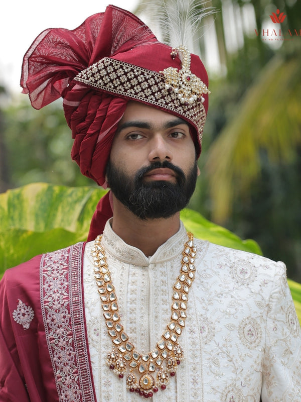 Maroon Embroidered Groom Turban with Kundan Brooch
