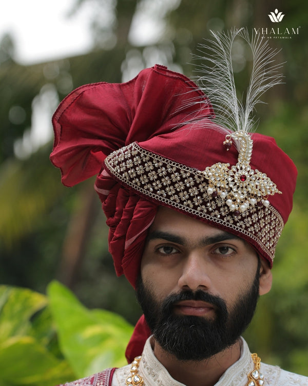 Maroon Embroidered Groom Turban with Kundan Brooch