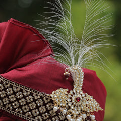Maroon Embroidered Groom Turban with Kundan Brooch