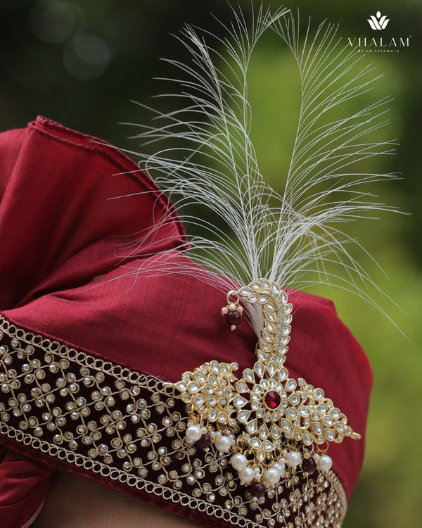 Maroon Embroidered Groom Turban with Kundan Brooch