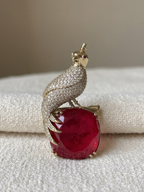 Chirag Crest Brooch with Emerald Maroon Stone
