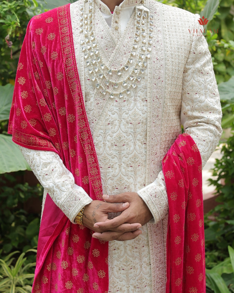 Regal Pink Velvet Shawl with Intricate Golden Motifs