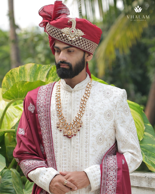 Maroon Embroidered Groom Turban with Kundan Brooch