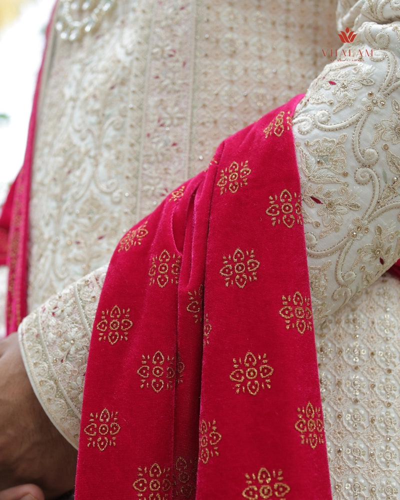 Regal Pink Velvet Shawl with Intricate Golden Motifs