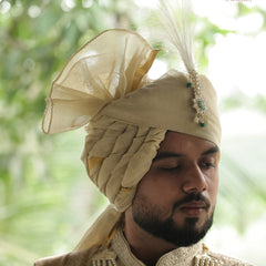 Classic Light Gold Groom Turban with Kundan Brooch & Feather