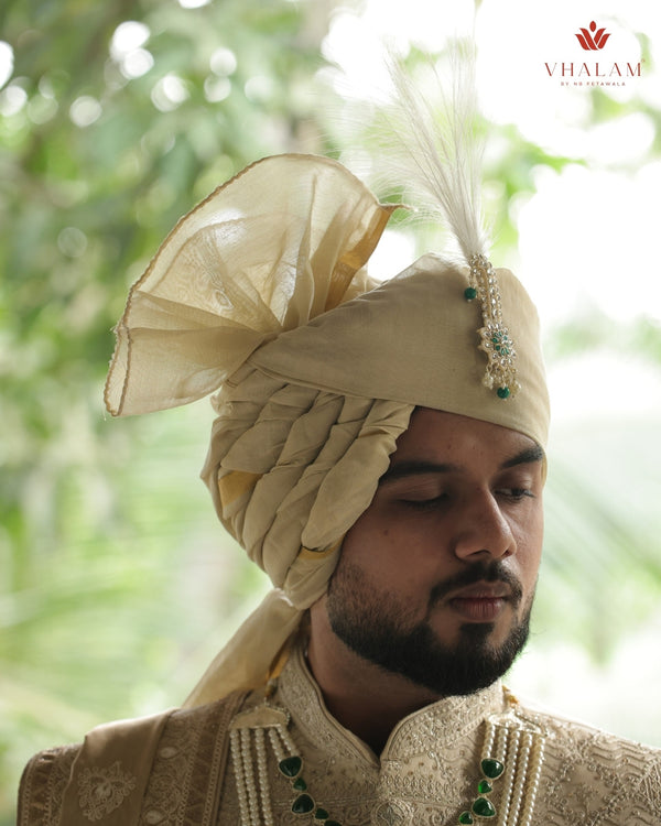 Classic Light Gold Groom Turban with Kundan Brooch & Feather