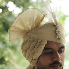 Classic Light Gold Groom Turban with Kundan Brooch & Feather