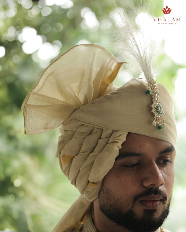 Classic Light Gold Groom Turban with Kundan Brooch & Feather