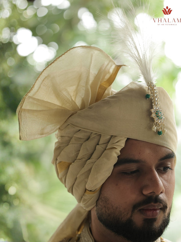 Classic Light Gold Groom Turban with Kundan Brooch & Feather