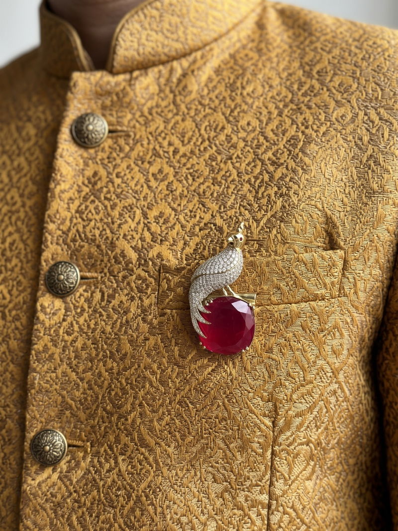 Chirag Crest Brooch with Emerald Maroon Stone