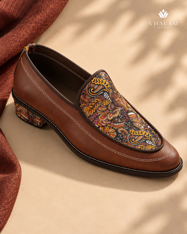Handcrafted Maharaja Printed Brown Wedding Loafers