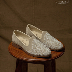 Swan Hand-Beaded Wave Motif Suede Loafers