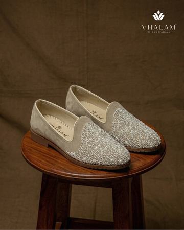 Swan Hand-Beaded Wave Motif Suede Loafers