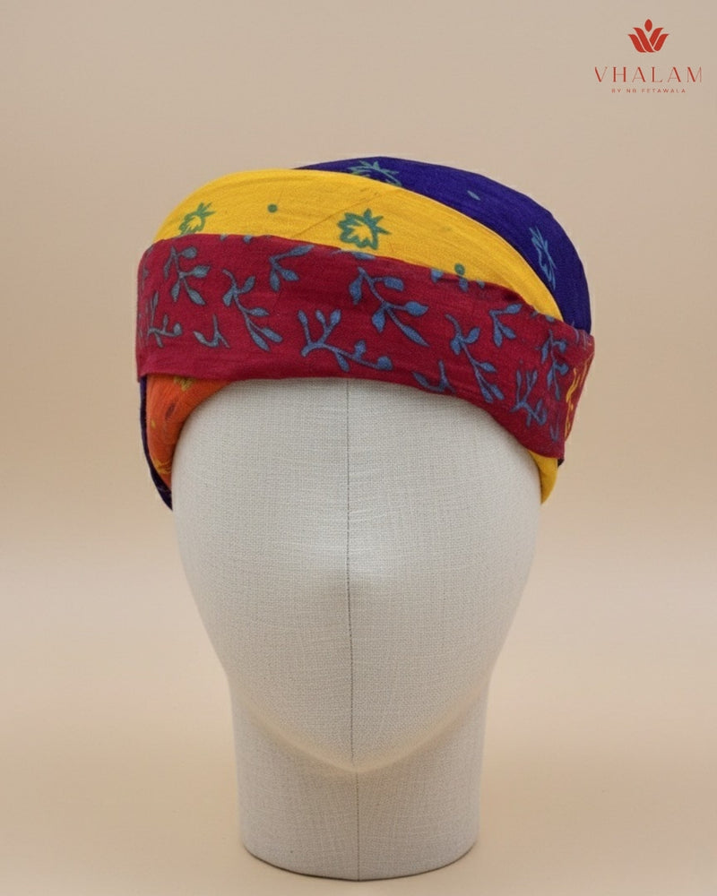 Vibrant Tri-Color Floral Block Print Rajasthani Pagdi