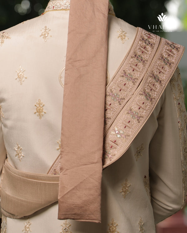 Light Pink Beige Embroidered Groom Dupatta with Subtle Pastel Detailing